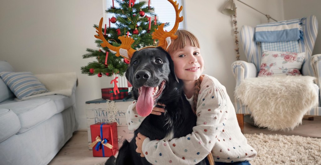 Niña con perro en Navidad