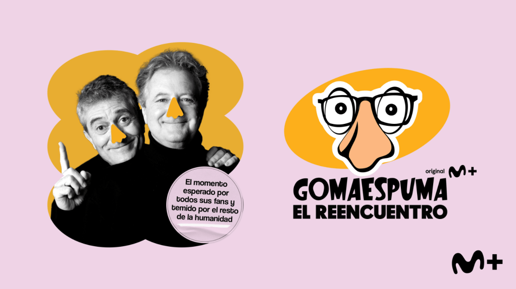 Gomaespuma, el reencuentro: cartel promocional con Juan Luis Cano y Guillermo Fesser junto al claim de la campaña y el logo del programa