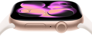 Apple Watch Series 11, aluminio color oro rosa, esfera Responsive Art, lateral derecho: Digital Crown, micrófono, botón lateral, correa deportiva color rosa rubor