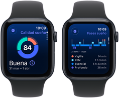 Dos Apple Watch SE 3 con caja de aluminio en color medianoche, puntuación de la calidad del sueño en pantalla.