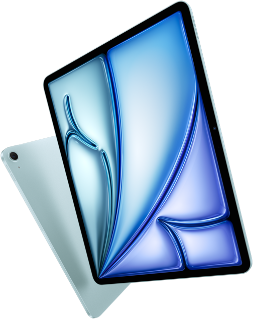 Parte frontal del iPad Air de 13 pulgadas, pantalla a todo color, parte trasera exterior del iPad Air de 11 pulgadas que muestra el gran angular trasero de 12 Mpx