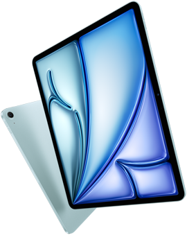 Parte frontal del iPad Air de 13 pulgadas, pantalla a todo color, parte trasera exterior del iPad Air de 11 pulgadas que muestra el gran angular trasero de 12 Mpx
