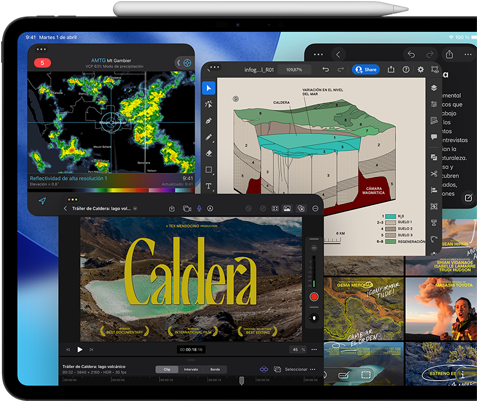 iPad Pro, parte delantera exterior, posición horizontal, color negro espacial, Apple Pencil apoyado en el borde superior, pantalla con varias ventanas de apps superpuestas, como Final Cut Pro con diferentes prestaciones de edición de vídeo y la línea de tiempo, Mapas, Notas y varios clips multimedia