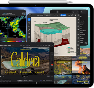 iPad Pro, parte delantera exterior, posición horizontal, color negro espacial, Apple Pencil de apps superpuestas, como Final Cut Pro con diferentes prestaciones de edición de vídeo y la línea de tiempo, Mapas, Notas y varios clips multimedia