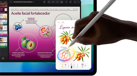 iPad Pro, parte delantera exterior, pantalla con un fondo degradado de azul oscuro a verde que muestra varias apps abiertas, una mano sujeta un Apple Pencil Pro y hace un círculo alrededor de un boceto e ilustra la prestación Varita Gráfica de Apple Intelligence