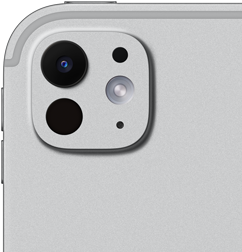 iPad Pro, parte trasera exterior, color plata, sistema de cámaras pro con lente de cinco elementos y flash True Tone adaptativo