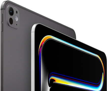 iPad Pro, parte trasera exterior, color negro espacial, botones de volumen y sistema de cámaras pro, iPad Pro, parte delantera exterior, color plata, esquinas redondeadas, borde de la pantalla negro, la pantalla muestra un dibujo multicolor de líneas abstractas sobre un fondo negro