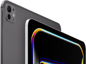 iPad Pro, parte trasera exterior, color negro espacial, botones de volumen y sistema de cámaras pro, iPad Pro, parte delantera exterior, color plata, esquinas redondeadas, borde de la pantalla negro, la pantalla muestra un dibujo multicolor de líneas abstractas sobre un fondo negro