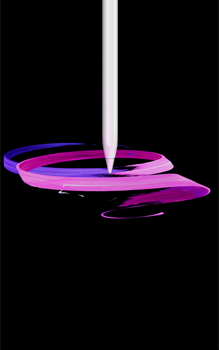 Apple Pencil Pro, parte delantera exterior, posición vertical, lateral exterior, color blanco, diseño de un dibujo abstracto de cintas moradas y rosas