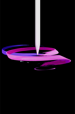 Apple Pencil Pro, parte delantera exterior, posición vertical, lateral exterior, color blanco, diseño de un dibujo abstracto de cintas moradas y rosas