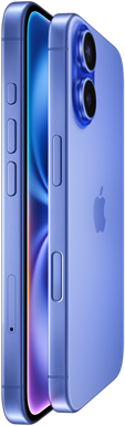 Vista lateral de dos iPhone 16 azul ultramar superpuestos uno frente al otro que muestra los botones de volumen, el botón Acción, el botón lateral, el Control de Cámara, el logotipo de Apple en el centro y el sistema avanzado de cámara dual elevado
