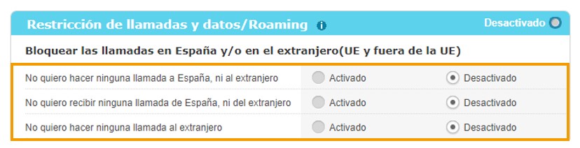Restricción de llamadas y datos/Roaming Restricción de llamadas y datos/Roaming